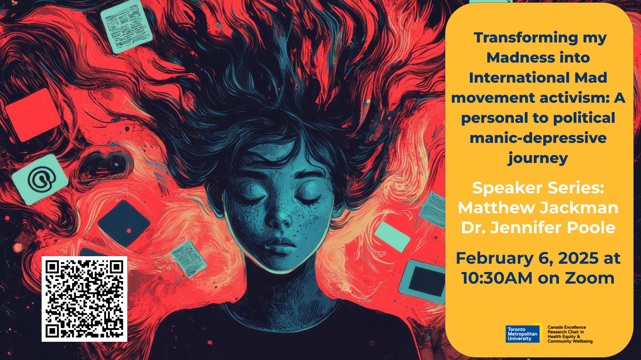 artistic, colourful rendition of person with symbols floating around their head